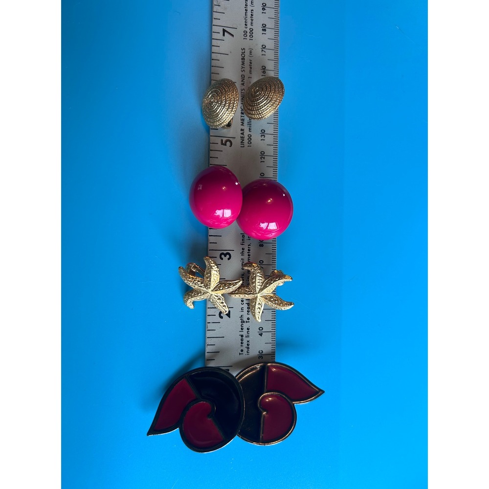Vintage Clip On Earrings Lot 4 Pairs Starfish Enamel Gold Tone Magenta Retro - Picture 8 of 8